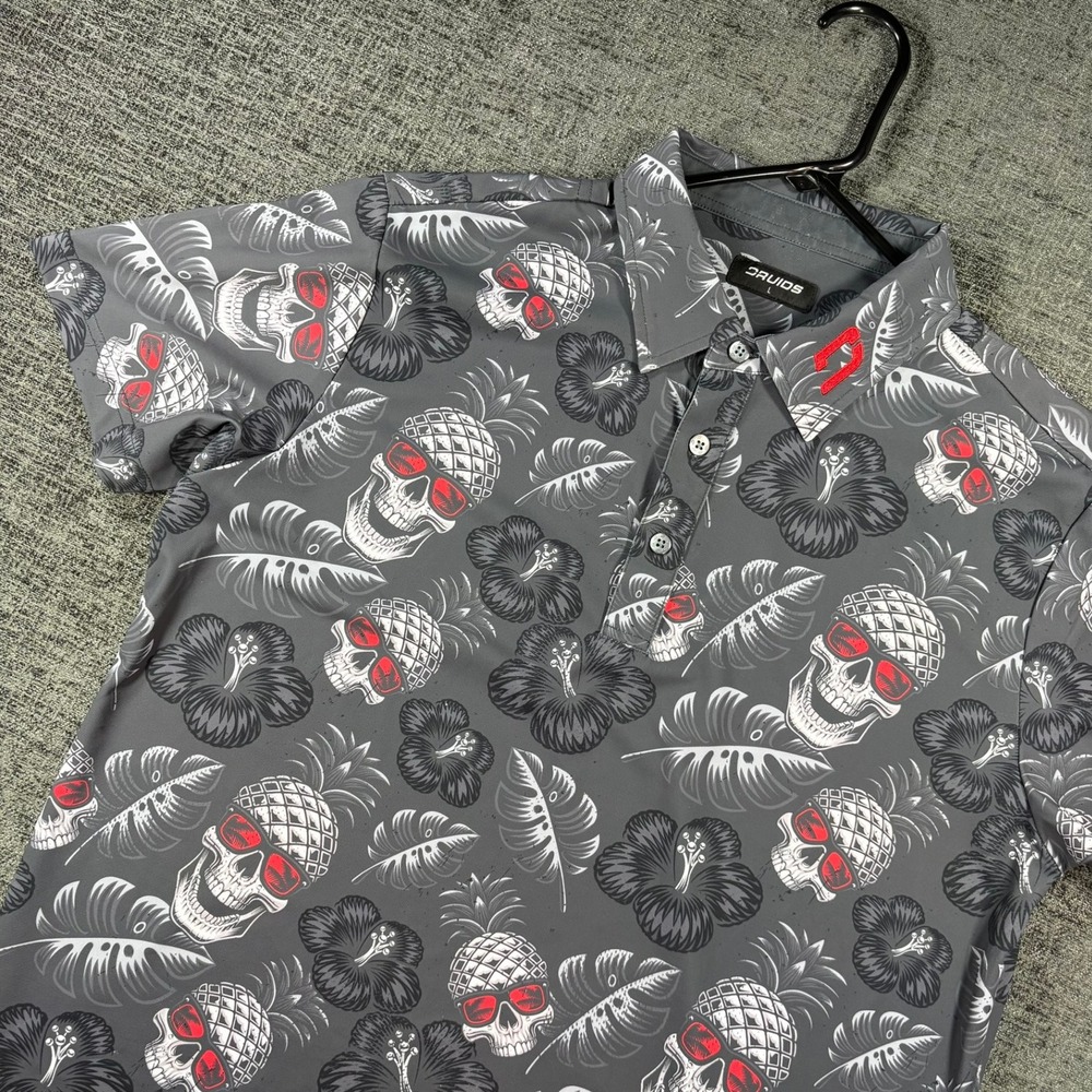 Druids Golf Polo Mens Large Gray Pineapple Skull Tropical Performance Shirt‎